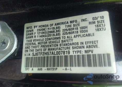 2010 Honda Accord Crosstour Ex-L from USA, damaged, VIN 5J6TF2H57AL007819